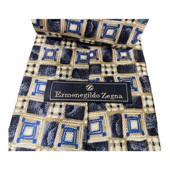 Ermenegildo‎ Zegna Men's Silk Necktie Blue Geometric Handmade In Italy 55” Long - Picture 4 of 8